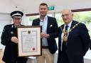 Pat Harrington with Deputy  Lord Lieutenant Daryl Brown and Cllr Phil Pearce.
