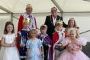 Mayor of Godmanchester, Councillor Alan Hooker, with King Jono the 1st and Gala princesses Piper Clarke, Kaycie Heath, Emmie Riformato and Lennox Howcroft along with three Gala Princes, Dony Gallagher, Fynn Roland and George Hurst the 1st.