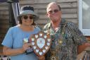 Godmanchester mayor, Alan Hooker, presenting the Best in Handicrafts trophy and Best in Show Shield to Beverley McCullum.
