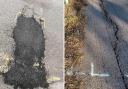 CCC say that potholes and defects on the roads are being compounded by extreme weather and climate change. Pictured: A temporary pothole repair (L) and cracked road surface (R).