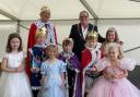 Mayor of Godmanchester, Councillor Alan Hooker, with King Jono the 1st and Gala princesses Piper Clarke, Kaycie Heath, Emmie Riformato and Lennox Howcroft along with three Gala Princes, Dony Gallagher, Fynn Roland and George Hurst the 1st.