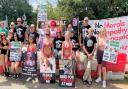Models Stella Paris, April Mae, Lucia Marie, Roxy Winters, Zoe Grey, Taya Bunny and Amber Paige joined Camp Beagle activists outside MBR Acres in Wyton, Huntingdonshire, today to stage a bikini protest.
