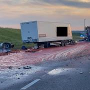 The A14 at Godmanchester had to be resurfaced after a lorry crash saw tomato puree spilled across the road.
