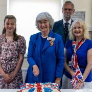 Deputy Lord Lt for Cambridgeshire Lucy Pearson and Elizabeth Lack at the cake cutting and prize-giving.
