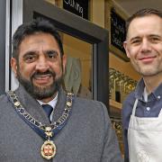 Mayor of St Ives Cllr Pasco Hussain, with owner Martin Cooper, opens the Refill Shop of Ikigai