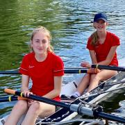 Hannah Chaffe and Nancy Heylen of St Ives Rowing Club after their first win at the Sudbury Regatta.