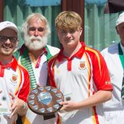 Joseph Stevens and Mac May of Buckden Bowls Club won the U25 pairs and were presented with their prizes by Hunts Bowls president Richard Coles and deputy Trevor Dighton.