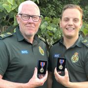 Folksworth CFRs Tony Lucas (L) and Ben Harrington (R) with their Queen's Platinum Jubilee Medals, awarded as a token of thanks for their voluntary service.