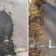 CCC say that potholes and defects on the roads are being compounded by extreme weather and climate change. Pictured: A temporary pothole repair (L) and cracked road surface (R).