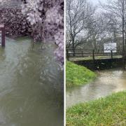 Water levels have been rising across Cambridgeshire, including in St Ives (left) and in the Houghton field drain (right).
