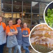 Some of the team at Little Piggy Kitchen in Fenstanton and, inset, the cafe's Piggy Pie and one of their cakes.