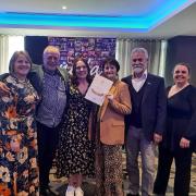 (From L to R) Maxine McKay, George Kelly, Abbie Lathwell, Isobella Coleman, Geoff Unwin and Ruth Montgomery-Law with the NODA award for best drama.