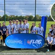 Students from Longsands Academy, St Ivo Academy and Winhills Primary Academy celebrate trophy success at the NFL Flag Football comeptition.