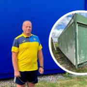 Dave Gorman, vice-chairman of Sawtry Colts Football Club, in front of the cabin. Inset, how it used to look.