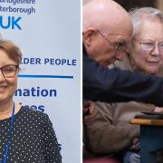 Beverley Young, chief partnerships officer at Age UK Cambridgeshire & Peterborough, and an older couple using a laptop.