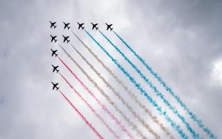 The Red Arrows perform a flypast during Armed Forces\' Day at the National Memorial Arboretum in Staffordshire on Saturday, June 26, 2021. The Red Arrows are due over Wembley ahead of the Euro 2020 Final.