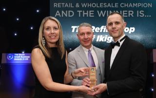 Winners, Martin Cooper (R), the owner of the Refill Shop of Ikigia, and partner Sarah Cooper (L) received their trophy at The Good Small Business Awards ceremony on March 22.