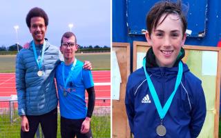 From L to R: Huntingdonshire Athletics Club runners Christopher Smith, James Orrell and Natty Clifford, all with their medals from a successful open meet.