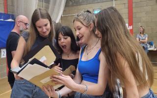 From L to R: Pippa Lomas, Olivia Keightley, Nina Green, Ines Lopez, Libby Harris excitably opened their results alongside one another at the school