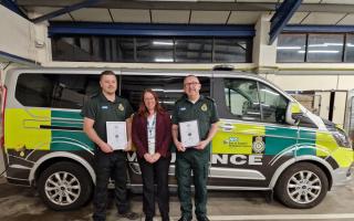 From volunteers to a career at the ambulance service, Matt Sharp (left) and Grant Harvey who have secured jobs at EEAST after completing the Volunteer to Career programme; they are pictured with Vikki Darby, leadership development manager.