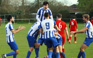 Celebrations as Roberts scores the late winner for Eynesbury.