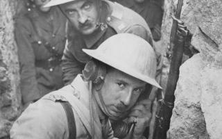 Officers of a Royal Engineers signals section in a trench on the Doiran sector of the British front in Macedonia, 1917.